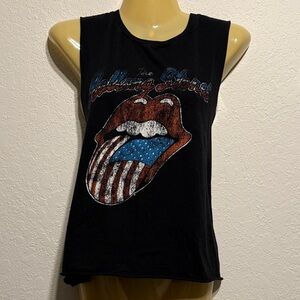 The Rolling Stones Black Sleeveless American Flag Logo Graphic Tank Top Rock Tee